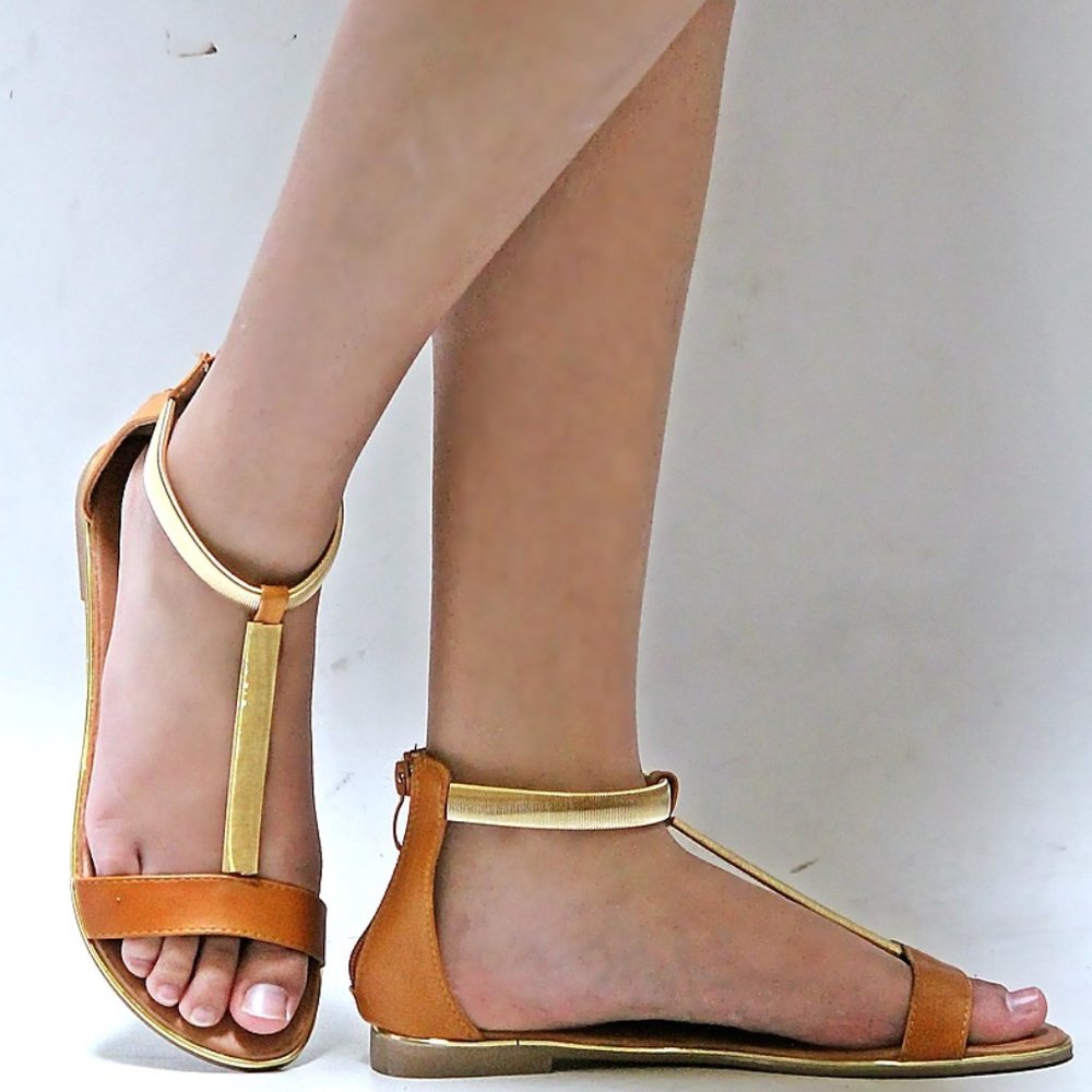 New Tan Gold Chain T-Strap Gladiator Sandals